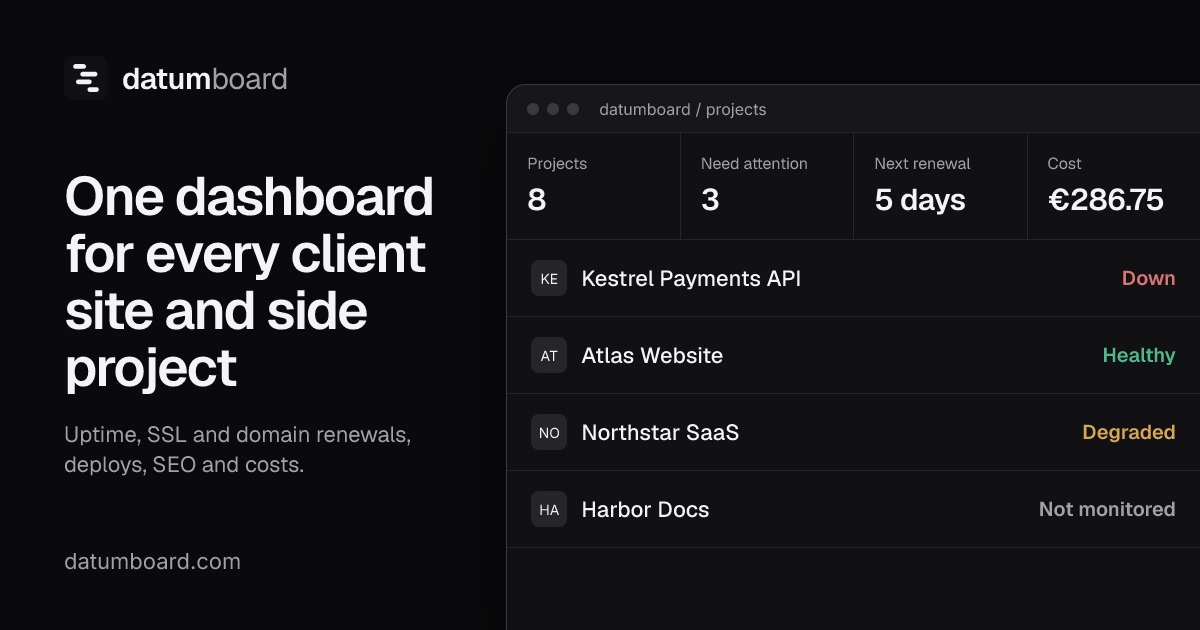 Datumboard — Our own SaaS dashboard for uptime, renewals, deploys, SEO and costs